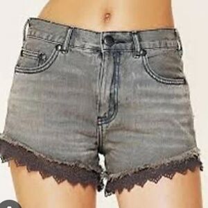 Free People Gray Jean Shorts with Black Lace Trim